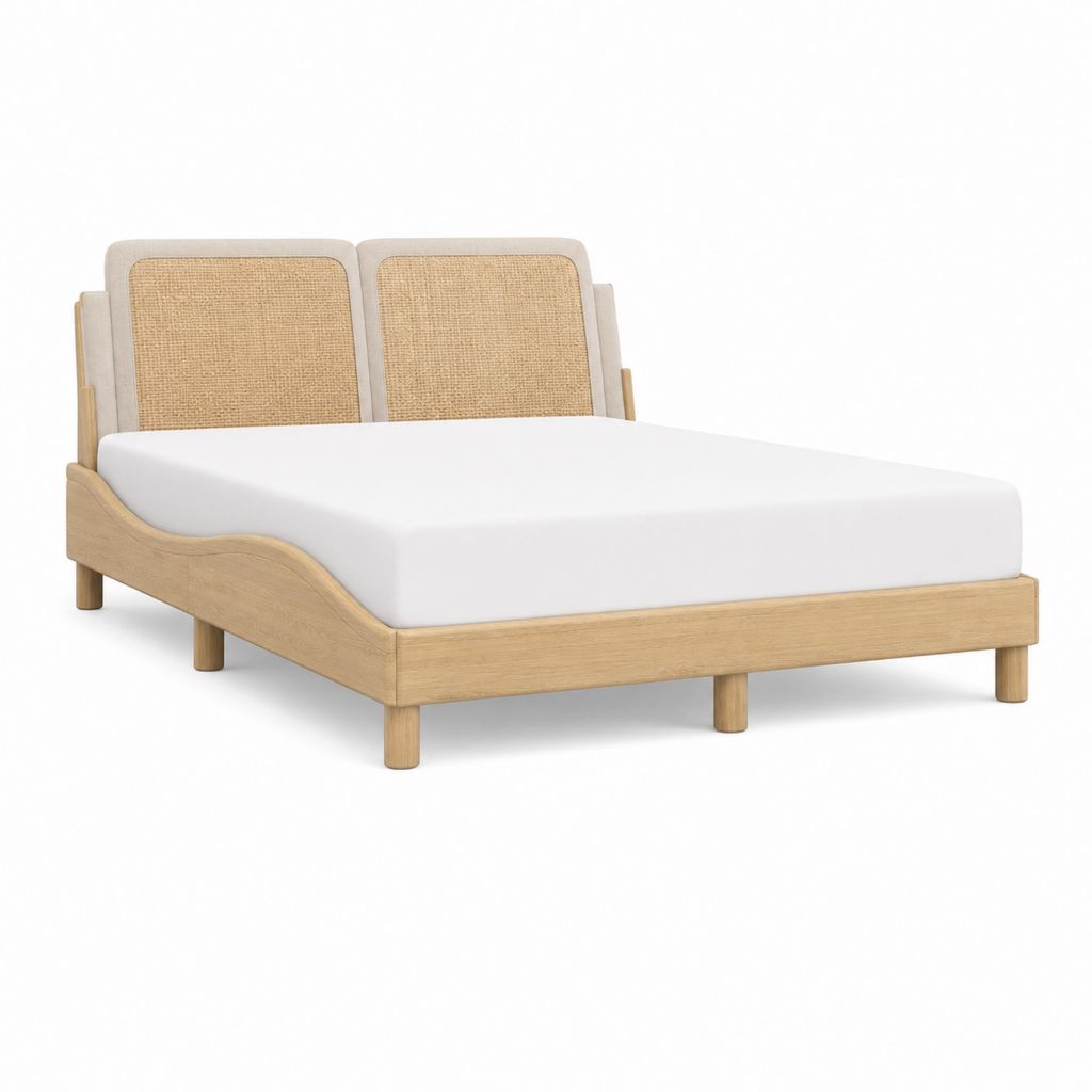 Doppelbett Bettgestell Naturholz mit Rattan Kopfteil 160 x 200 cm