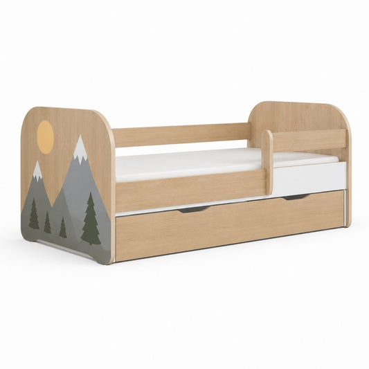 Kinderbett mit Ausfallschutz und Schublade Natur Grau Weiß 160 x 80 cm