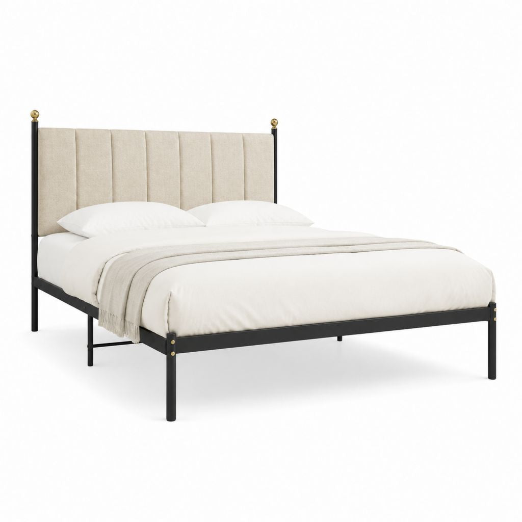 Doppelbettgestell Beige Schwarz aus Stahl und Polyester mit gepolstertem Kopfteil 160 x 200 cm