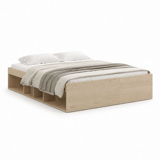 Stauraumbett Doppelbett Eiche hell aus melaminbeschichteter Spanplatte rechteckig Liegefläche 160 x 200 cm Außenmaß 205 x 165 x 35 cm