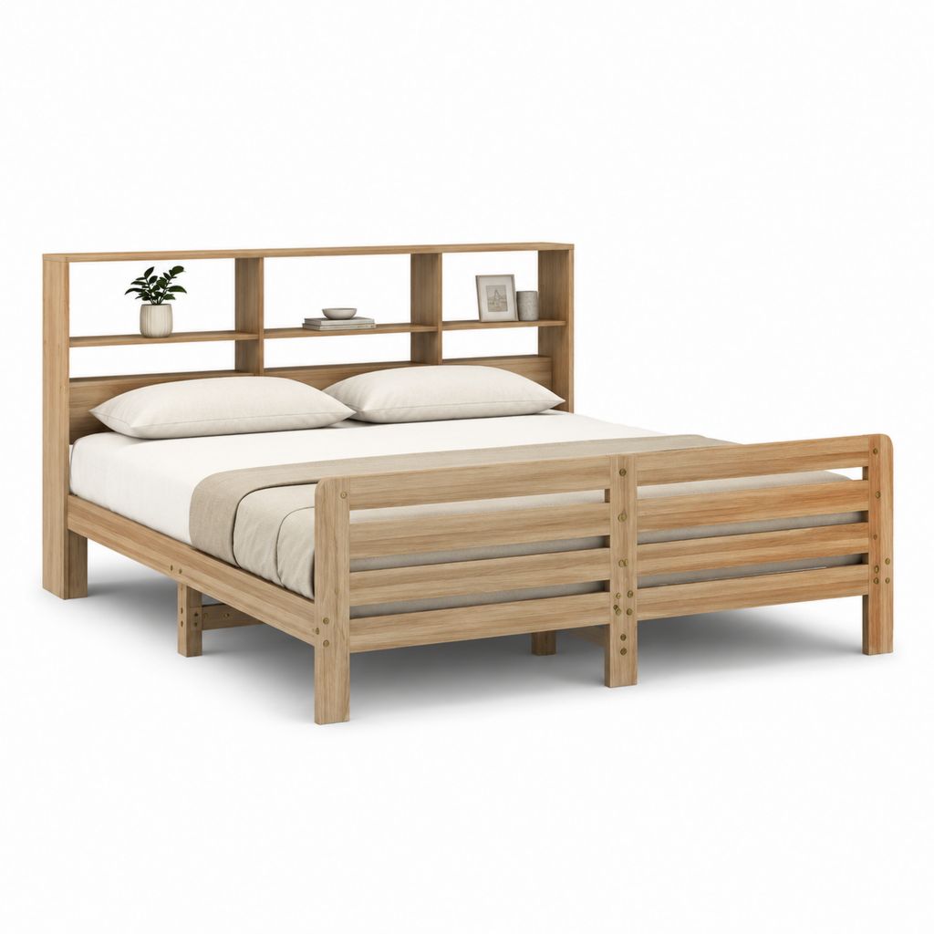 Massivholzbett Doppelbett Natur mit Regal-Kopfteil 160 x 200 cm