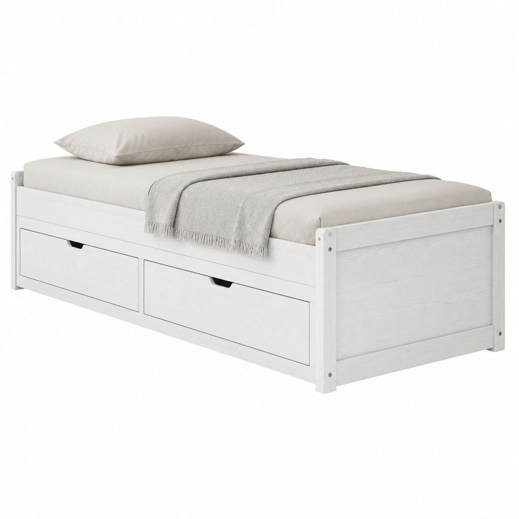 Stauraumbett Einzelbett Weiß Kiefer Massivholz Rechteckig 90 x 200 cm
