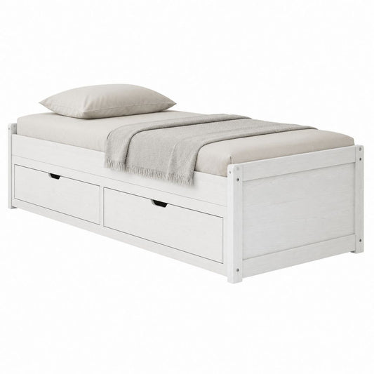 Stauraumbett Einzelbett Weiß Kiefer Massivholz Rechteckig 90 x 200 cm