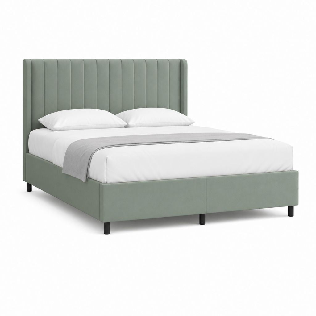 Polsterbett Doppelbett Salbeigrün Samtstoff mit vertikal gestepptem Kopfteil 160 x 200 cm