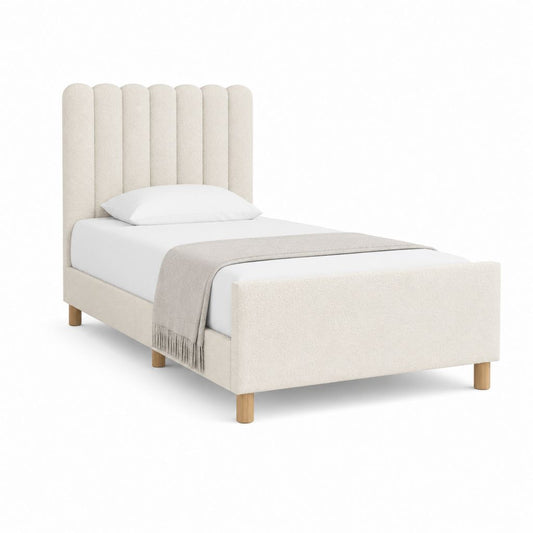 Polsterbett Einzelbett Creme mit Polyester-Bouclé und Massivholzfüßen 90 x 200 cm