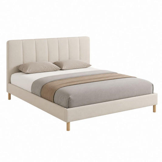 Polsterbett Doppelbett Beige mit Polyesterbezug und Holzfüßen 160 x 200 cm